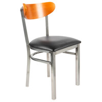 Lancaster Table & Seating Boomerang Clear Coat Finish Chair with 2 1/2 inch Black Vinyl Padded Seat and Cherry Wood Back