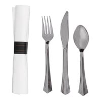 WNA Comet REFROLL3 Reflections 17" x 17" Wrapped Linen-Feel White Napkin and Stainless Steel Look Extra Heavy Weight Plastic Cutlery Set - 30/Pack