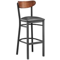Lancaster Table & Seating Boomerang Bar Height Black Chair with Black Vinyl Seat and Antique Walnut Back