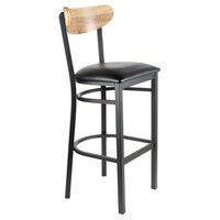 Lancaster Table & Seating Boomerang Black Finish Bar Stool with 2 1/2" Black Vinyl Padded Seat and Driftwood Back