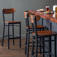 Lancaster Table & Seating Boomerang Bar Height Black Chair with Antique Walnut Seat and Back