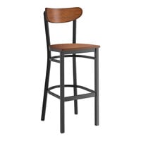 Lancaster Table & Seating Boomerang Series Black Finish Bar Stool with Antique Walnut Wood Seat and Back
