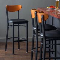 Lancaster Table & Seating Boomerang Bar Height Black Chair with Black Vinyl Seat and Cherry Back