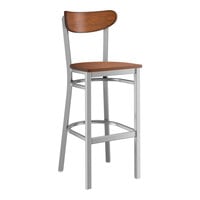 Lancaster Table & Seating Boomerang Series Clear Coat Finish Bar Stool with Antique Walnut Wood Seat and Back