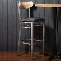 Lancaster Table & Seating Boomerang Bar Height Clear Coat Chair with Black Vinyl Seat and Driftwood Back