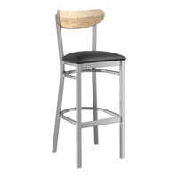 Lancaster Table & Seating Boomerang Series Clear Coat Finish Bar Stool with Black Vinyl Seat and Driftwood Back