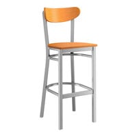 Lancaster Table & Seating Boomerang Series Clear Coat Finish Bar Stool with Cherry Wood Seat and Back