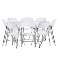 Lancaster Table & Seating 60" Round Granite White Heavy-Duty Blow Molded Plastic Folding Table with 8 White Folding Chairs