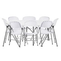 Lancaster Table & Seating 72" Round Granite White Heavy-Duty Blow Molded Plastic Folding Table with 8 White Folding Chairs