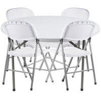 Lancaster Table & Seating 48" Round Granite White Heavy-Duty Blow Molded Plastic Folding Table with 4 White Folding Chairs