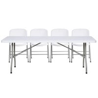 Lancaster Table & Seating 30 inch x 72 inch Granite White Heavy-Duty Blow Molded Plastic Folding Table with 4 White Folding Chairs