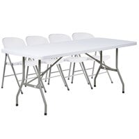 Lancaster Table & Seating 30" x 72" Granite White Heavy-Duty Blow Molded Plastic Folding Table with 4 White Folding Chairs