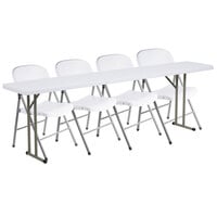 Lancaster Table & Seating 18" x 96" Granite White Heavy-Duty Blow Molded Plastic Folding Seminar Table with 4 White Folding Chairs