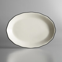 Choice 11 5/8" x 8 1/2" Ivory (American White) Scalloped Edge Stoneware Platter with Black Band - 12/Case