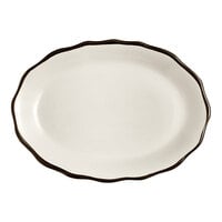 Acopa 11 5/8" x 8 1/2" Ivory (American White) Scalloped Edge Stoneware Platter with Black Band - 12/Case