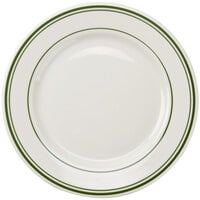 Tuxton TGB-016 Green Bay 10 1/2 inch Eggshell Wide Rim Rolled Edge China Plate with Green Bands - 12/Case