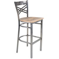 Lancaster Table & Seating Clear Coat Steel Cross Back Bar Height Chair with Driftwood Seat - Preassembled