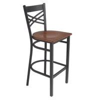 Lancaster Table & Seating Black Finish Cross Back Bar Stool with Antique Walnut Wood Seat - Assembled