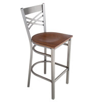 Lancaster Table & Seating Clear Coat Finish Cross Back Bar Stool with Antique Walnut Wood Seat - Assembled