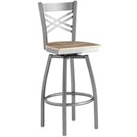 Lancaster Table & Seating Clear Coat Finish Cross Back Swivel Bar Stool with Driftwood Seat
