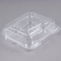 Durable Packaging PXT-833 Duralock 8" x 8" x 3" Three Compartment Clear Hinged Lid Plastic Container - 250/Case