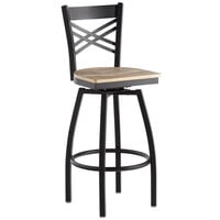 Lancaster Table & Seating Black Finish Cross Back Swivel Bar Stool with Driftwood Seat