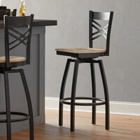 Lancaster Table & Seating Cross Back Bar Height Black Swivel Chair with Driftwood Seat