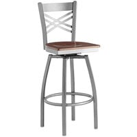 Lancaster Table & Seating Clear Coat Finish Cross Back Swivel Bar Stool with Antique Walnut Wood Seat