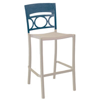 Grosfillex US654680 / US456680 Moon Linen Aluminum Stackable Armless Barstool with Denim Blue Back - Pack of 2