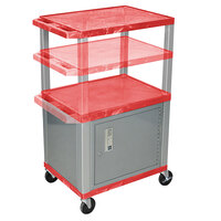 Luxor WT2642RC4E-N Red Tuffy 2 Shelf Adjustable Height A/V Cart with Nickel Legs and Locking Cabinet - 18 inch x 24 inch