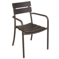 BFM Seating PH301CBR-BZ Bayview Bronze Stackable Aluminum Armchair with Brown Synthetic Teak Back and Seat