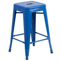 Flash Furniture CH-31320-24-BL-GG 24 inch Blue Stackable Metal Indoor / Outdoor Backless Counter Height Stool with Square Drain Seat