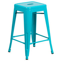 Flash Furniture ET-BT3503-24-CB-GG 24 inch Crystal Teal Blue Stackable Metal Indoor / Outdoor Backless Counter Height Stool with Square Drain Seat