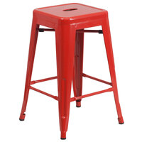 Flash Furniture CH-31320-24-RED-GG 24 inch Red Stackable Metal Indoor / Outdoor Backless Counter Height Stool with Square Drain Seat