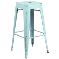 Flash Furniture ET-BT3503-30-DB-GG 30 inch Distressed Green-Blue Stackable Metal Indoor / Outdoor Backless Bar Height Stool with Square Drain Seat
