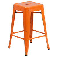 Flash Furniture CH-31320-24-OR-GG 24 inch Orange Stackable Metal Indoor / Outdoor Backless Counter Height Stool with Square Drain Seat