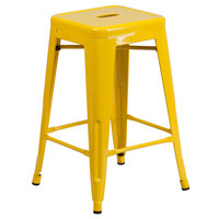 Flash Furniture CH-31320-24-YL-GG 24 inch Yellow Stackable Metal Indoor / Outdoor Backless Counter Height Stool with Square Drain Seat