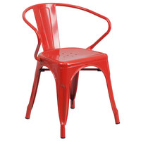 Flash Furniture CH-31270-RED-GG Red Stackable Galvanized Steel Chair with Arms, Vertical Slat Back, and Drain Hole Seat