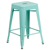 Flash Furniture ET-BT3503-24-MINT-GG 24 inch Mint Green Stackable Metal Indoor / Outdoor Backless Counter Height Stool with Square Drain Seat