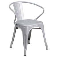 Flash Furniture CH-31270-SIL-GG Silver Stackable Galvanized Steel Chair with Arms, Vertical Slat Back, and Drain Hole Seat