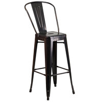 Flash Furniture CH-31320-30GB-BQ-GG 30 inch Black-Antique Gold Metal Indoor / Outdoor Bar Height Stool with Vertical Slat Back and Drain Hole Seat