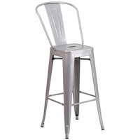 Flash Furniture CH-31320-30GB-SIL-GG 30 inch Silver Galvanized Steel Bar Height Stool with Vertical Slat Back and Drain Hole Seat