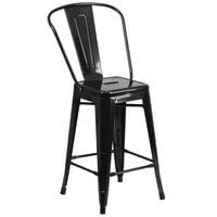 Flash Furniture CH-31320-24GB-BK-GG 24" Black Galvanized Steel Counter Height Stool with Vertical Slat Back and Drain Hole Seat