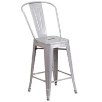 Flash Furniture CH-31320-24GB-SIL-GG 24" Silver Galvanized Steel Counter Height Stool with Vertical Slat Back and Drain Hole Seat