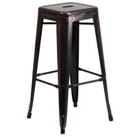 Flash Furniture CH-31320-30-BQ-GG 30 inch Black-Antique Gold Stackable Metal Indoor / Outdoor Backless Bar Height Stool with Square Drain Seat
