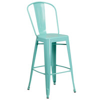 Flash Furniture ET-3534-30-MINT-GG 30 inch Green Mint Galvanized Steel Bar Height Stool with Vertical Slat Back and Drain Hole Seat
