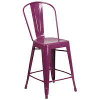 Flash Furniture ET-3534-24-PUR-GG 24 inch Purple Galvanized Steel Counter Height Stool with Vertical Slat Back and Drain Hole Seat