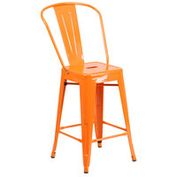 Flash Furniture CH-31320-24GB-OR-GG 24 inch Orange Galvanized Steel Counter Height Stool with Vertical Slat Back and Drain Hole Seat