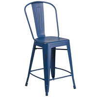 Flash Furniture ET-3534-24-AB-GG 24" Distressed Antique Blue Metal Indoor / Outdoor Counter Height Stool with Vertical Slat Back and Drain Hole Seat
