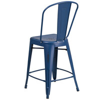 Flash Furniture ET-3534-24-AB-GG 24 inch Distressed Antique Blue Metal Indoor / Outdoor Counter Height Stool with Vertical Slat Back and Drain Hole Seat